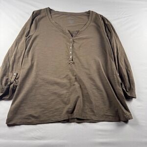 St.‎ Johns Bay Womens Large Henley Top Olive Brown Roll Tab Sleeve Cotton Slub